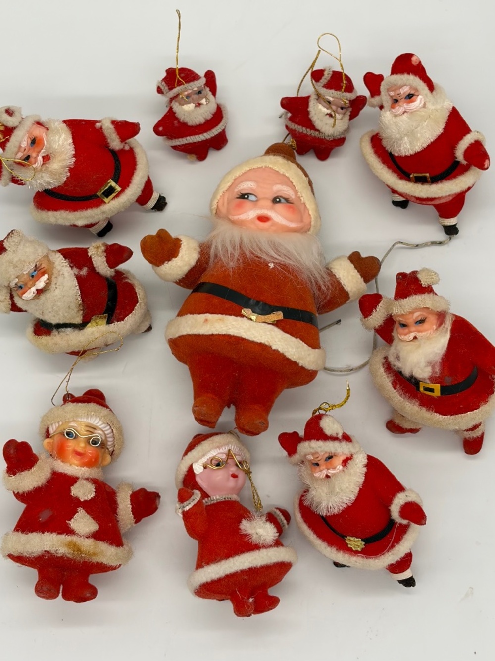 Vintage Flocked Santa Claus Christmas Ornament Figurine Lot Japan MCM 10 Pc